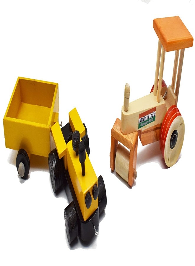 justhandmade Just Handmade Wooden Tractor with Trolley | Road Roller - Pull Along Toy for Kids, Colors May Vary - Combo of 2 - Image 1